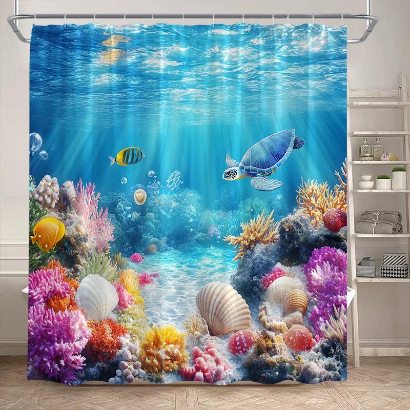 VIKAMA Underwater World Theme Shower Curtain - Waterproof and Mold-Resistant Bathroom Partition Curtain for Home Decoration