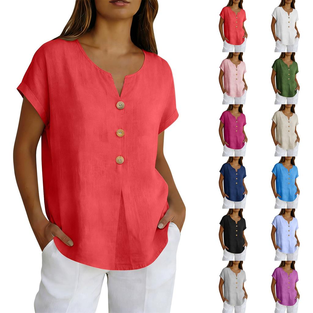 Summer Basic Blouses Women's Shirts Solid Color Casual Short-Sleeve Cotton Linen Fashion Plus Size V-Neck Loose Button Tops