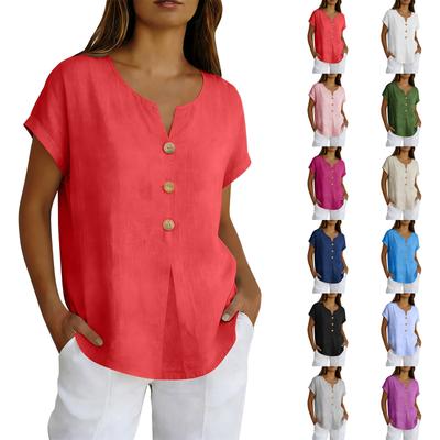 Summer Basic Blouses Women's Shirts Solid Color Casual Short-Sleeve Cotton Linen Plus Size V-Neck Loose Button Tops