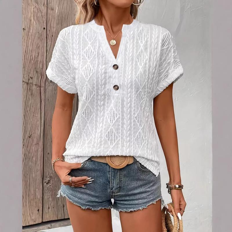 

New Womens Fashion Casual Solid Color Hollow Out Textured Button Detail V Neck Short Sleeve T Shirt S белый