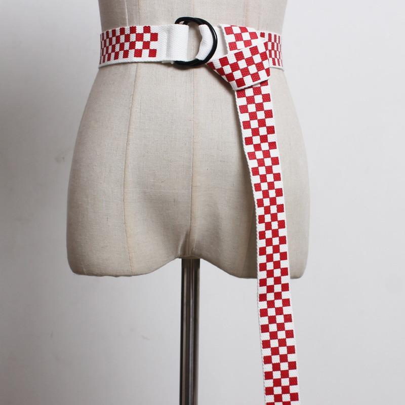 Hong Kong Style Street Trendy People Versatile Simple Black, Red and White Plaid Belt Double Buckle Super Long Webbing Hong Kong Style Belt