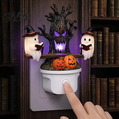 Scary Halloween Ornament Night Light, Plug-in Resin Seesaw Ghost And Dead Tree Soft Glow Light Lamp, Waterproof Spooky Decor for Bedroom, Party
