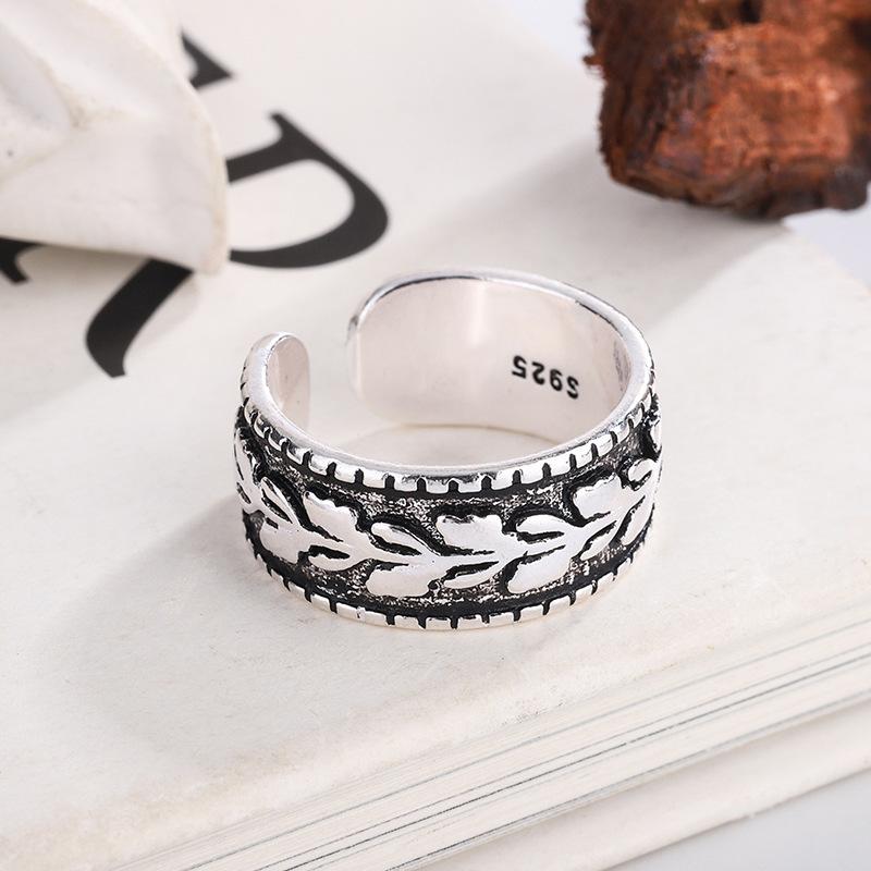 New Retro Jewelry Temperament Leaf   Copper Personality Wide Embossed Olive Leaf Opening Rings