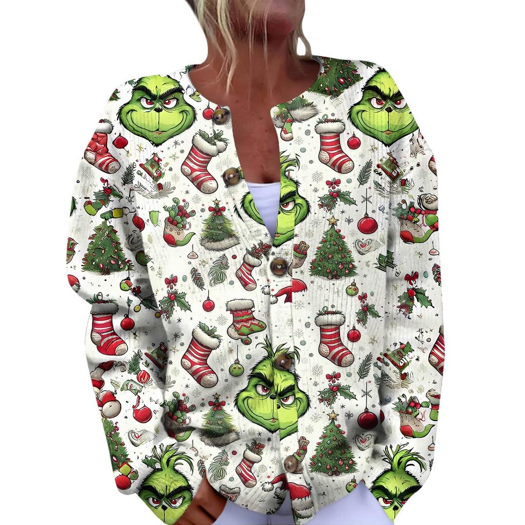 Women's Fashion Christmas Printed Long Sleeve Knitted Cardigan Button Down Jacket