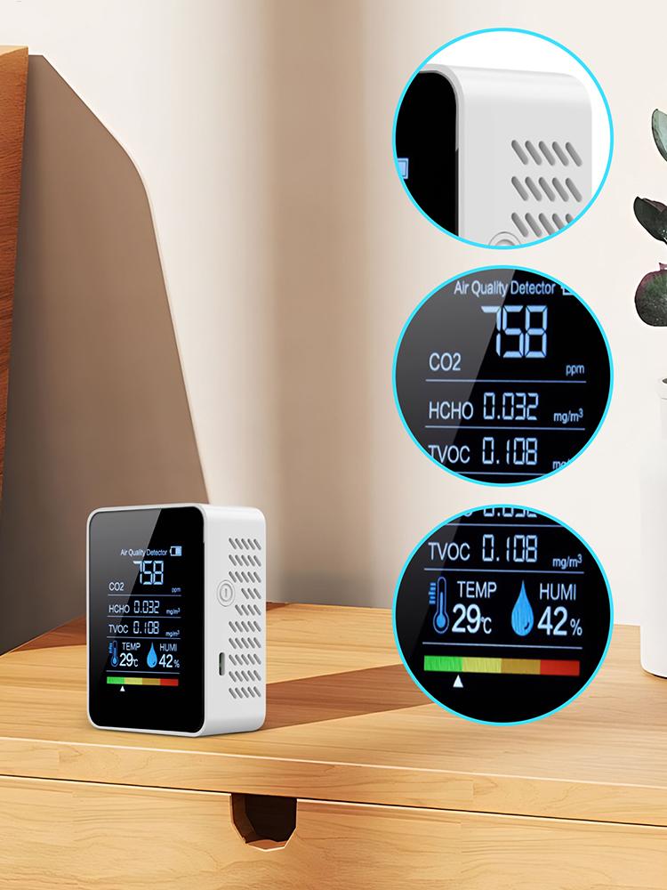 5 In 1 Air Quality Detector Smart Clear Display Portable Accurate Monitor For Safety CO2 TVOC HCHO Testing Monitoring Detection