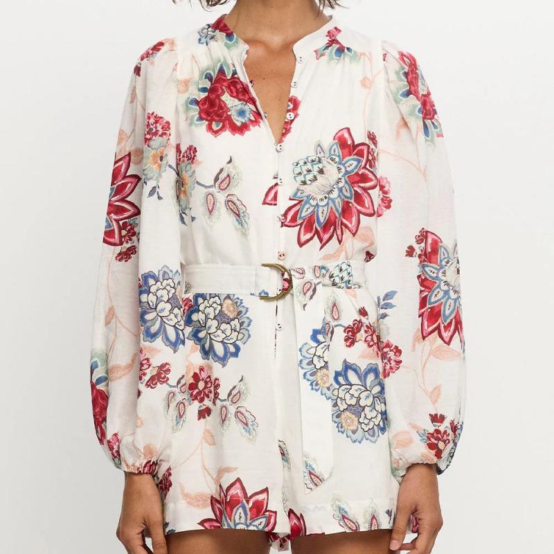 2025 Elegant Lace-up Linen Cardigan Shirt Jumpsuit 2XL цветочный