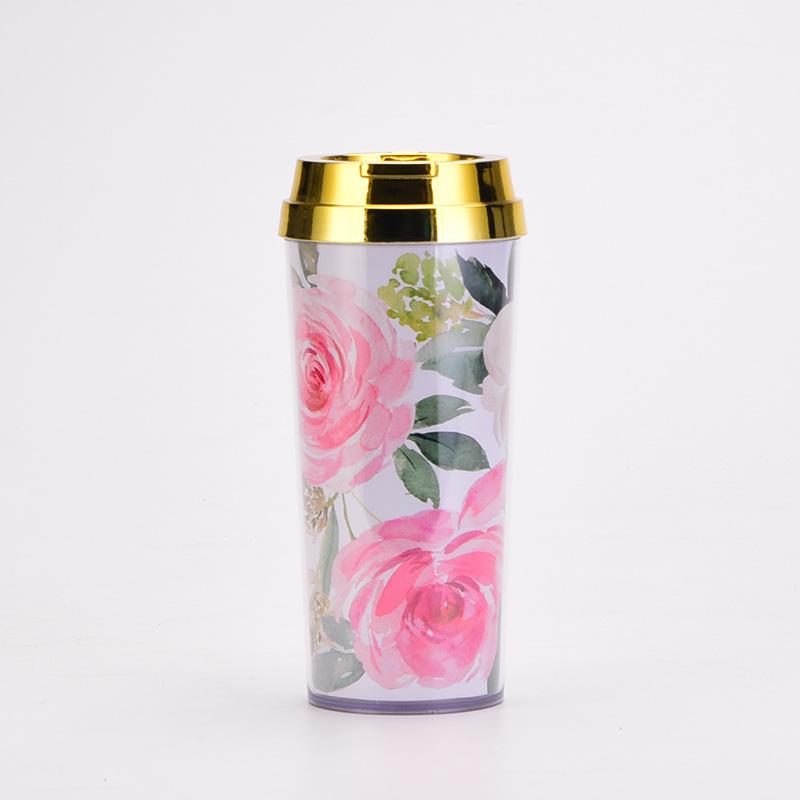 Double Layer Thickened Coffee Cup Insert Card Flower 16Oz Plastic Water Cup Heat Insulation Portable Water Cup