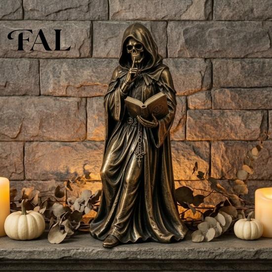 Haunted Bedroom Display Gothic Hooded Reaper Reading Book Resin Statue, Mystical Wizard Skull Figurine Artistic Statue Desktop Bookshelf Decor,