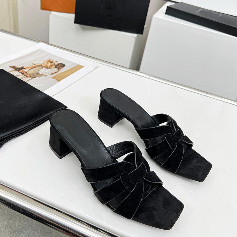 Fashion Summer Sandals, Women's Large-sized Flat One-line Square Toe Casual Hollow Beach Shoes, High-end Velvet Slippers T50