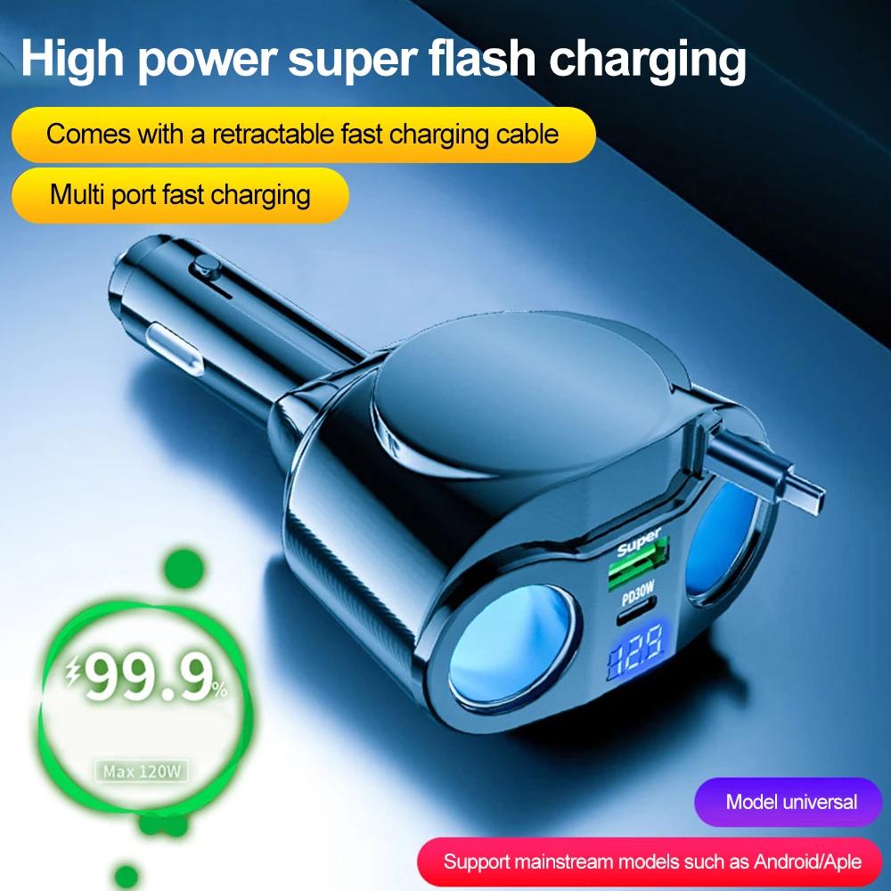 USB Car Charger Adapter with Retractable Cable Dual Cigarette Lighter Splitter Digital LCD Display Voltmeter Car Charger Adapter