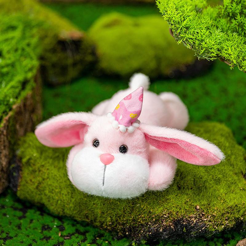 Birthday Hat Cute Prone Posture Rabbit Plush Doll Toy For Desktop Decoration