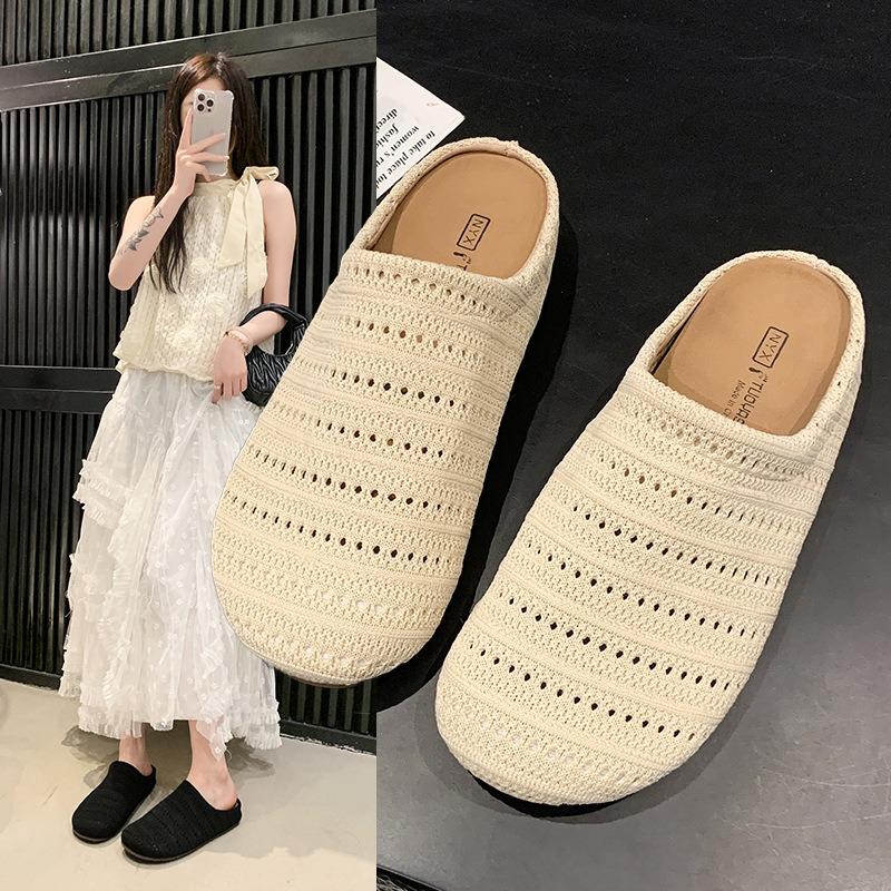 Flat-bottomed bag head slippers women's outer wear summer new fashion hollow fabric lazy one-footed cool slippers women