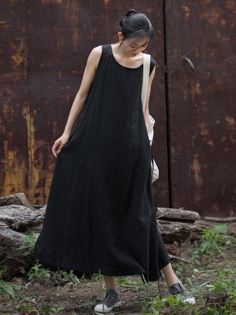 2025 Autumn/Winter Women's Cotton & Linen Ramie Tie-Up Sleeveless Dress - Long Artistic Skirt for Home & Travel