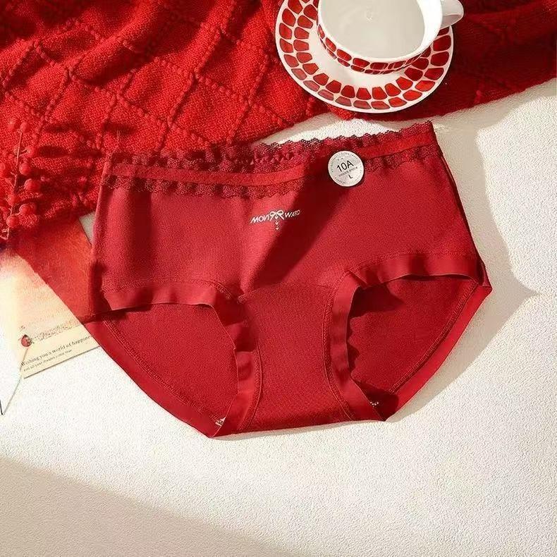Female Spring and Autumn Year Marriage Red Skin Friendly 10A Antibacterial Extension Crotch Non Trace Stretch Briefs
