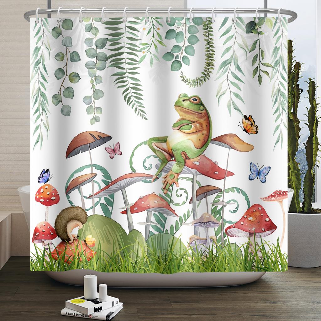 Lustiger Frosch Duschvorhang für Badezimmer Pilz Schmetterling Floral Grüne Pflanze Cartoon Tier Wasserdicht Polyester Duschvorhang