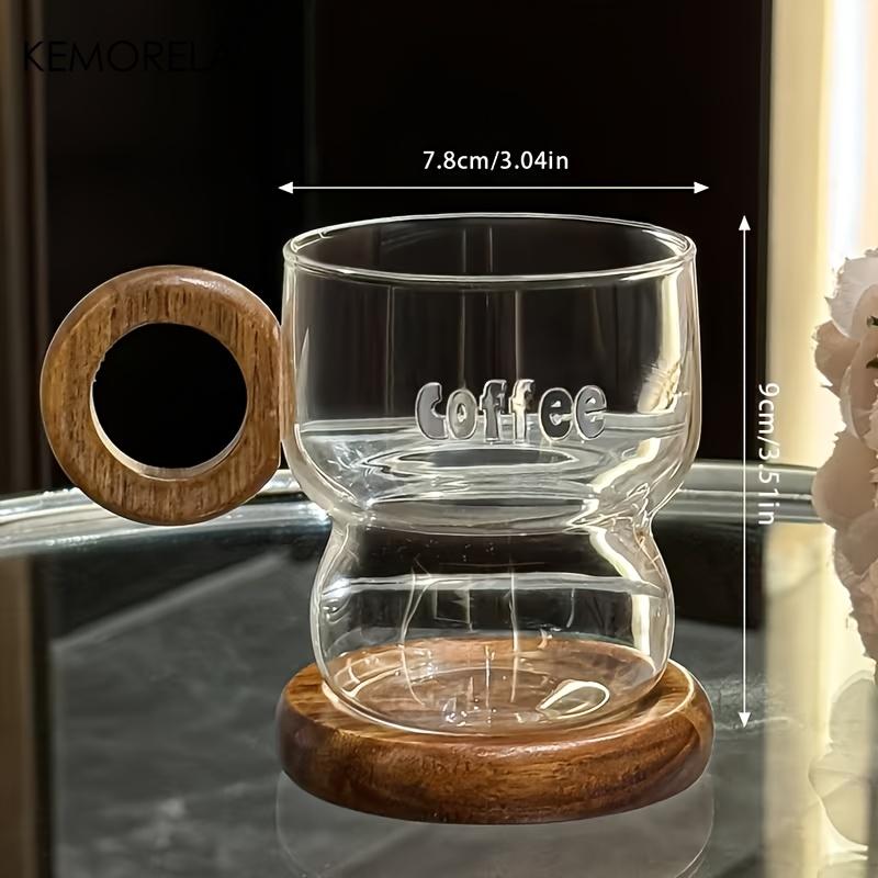 1/2PCS Transparent Coffee Mug With Wooden Coaster And Heat-Resistant Wooden Handle, Suitable For Family Iced Americano And Juice