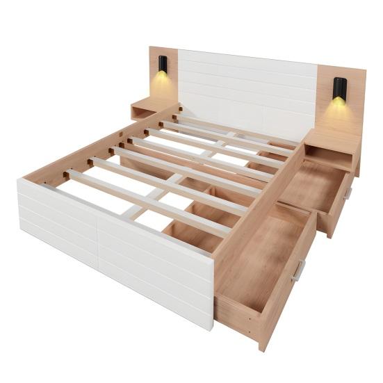 160x200cm Double Bed with 2 Drawers Bedside Cabinets Reading Light Headboard USB Charging Function Strong Wood Slat Support Bed Bedroom