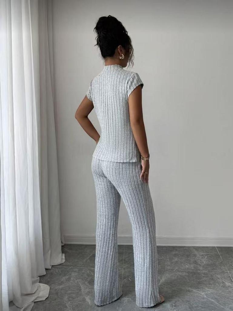 2026 New Style Women's Solid Color Short Sleeve Top & Ribbed Casual Pants Set