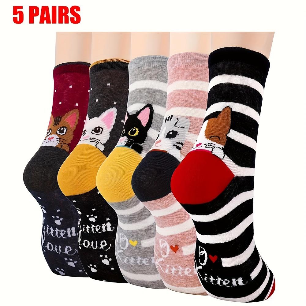 5 Pairs Of Cartoon Cat Funny Socks, Cozy Novelty Socks, Casual Mid Tube Socks For Women Girls Gifts