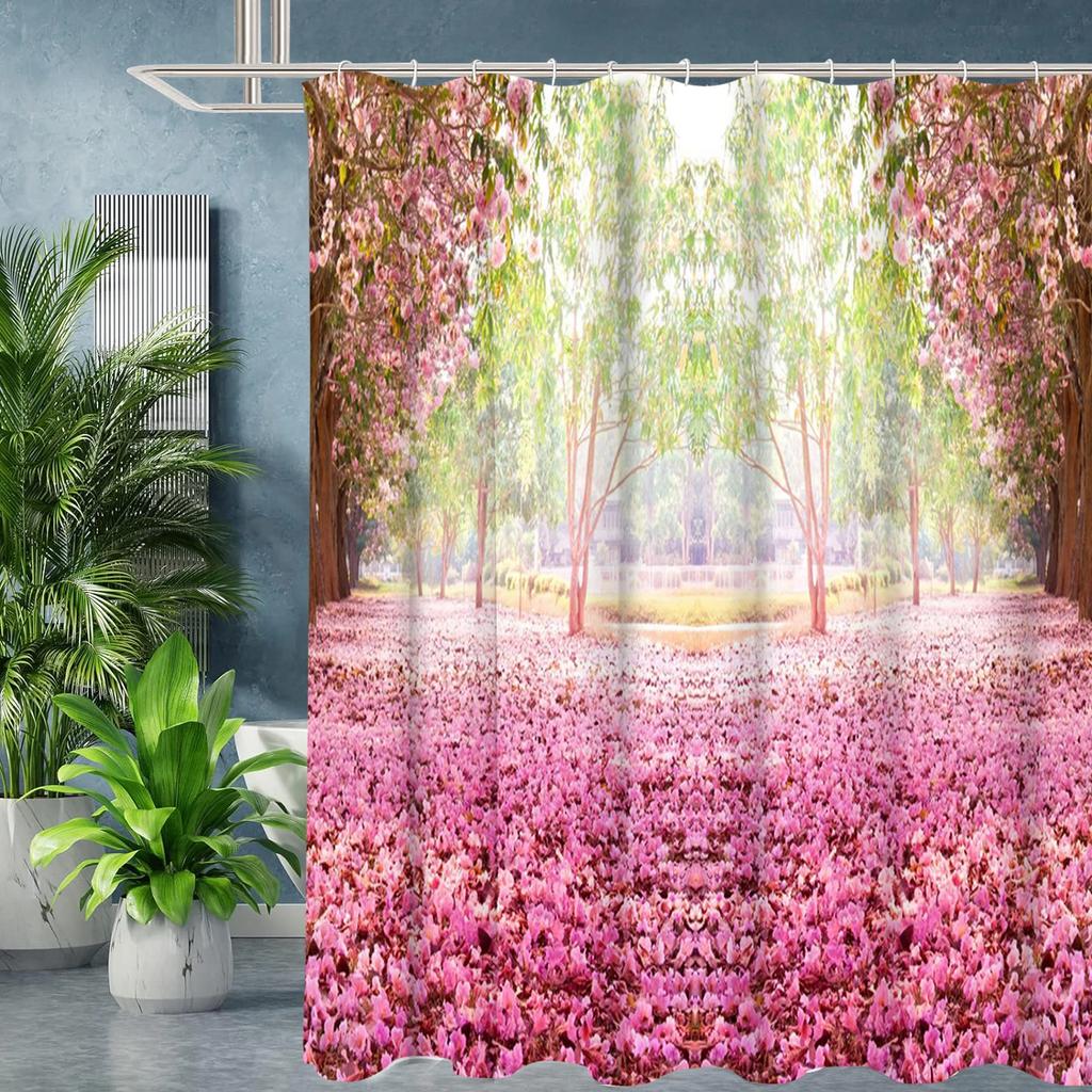 Cherry Blossom Grove Pattern Bathing Curtain Bathroom Shower Curtain Waterproof With 12 Hooks Home Deco