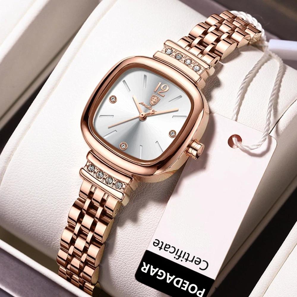 POEDAGAR Luxury Ladies Square Watch Rose Gold Stainless Steel Band with Waterproof Casual Quartz Wristwatch for Women