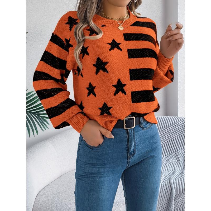 Autumn and Winter Casual Starry Striped Lantern Long-sleeved Pullover Sweater Women's Clothing