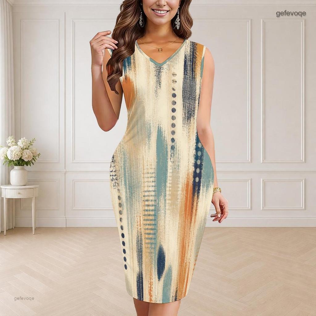 Women s Plus Size V Neck Sleeveless Printed Bodycon Midi Dress