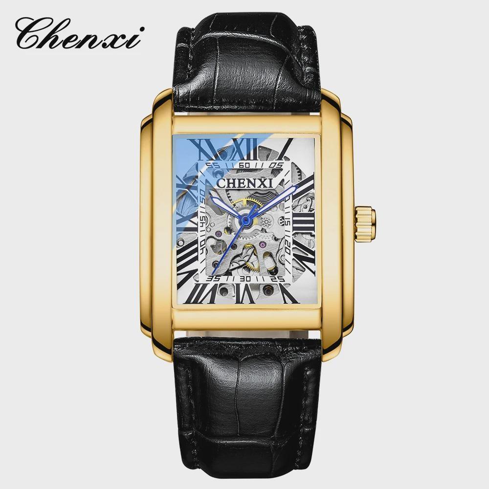 CHENXI Luxury Gold Automatic Watch Men Business Waterproof Skeleton Tourbillon Mechanical Wristwatch чёрный/белый