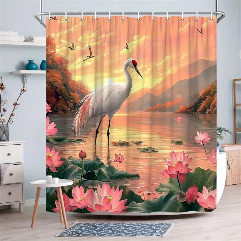 1pc White Crane & Pink for Lotus Lakeside Sunset Shower Curtain - Elegant Peaceful Nature Digital Illustration, Machine-Washable