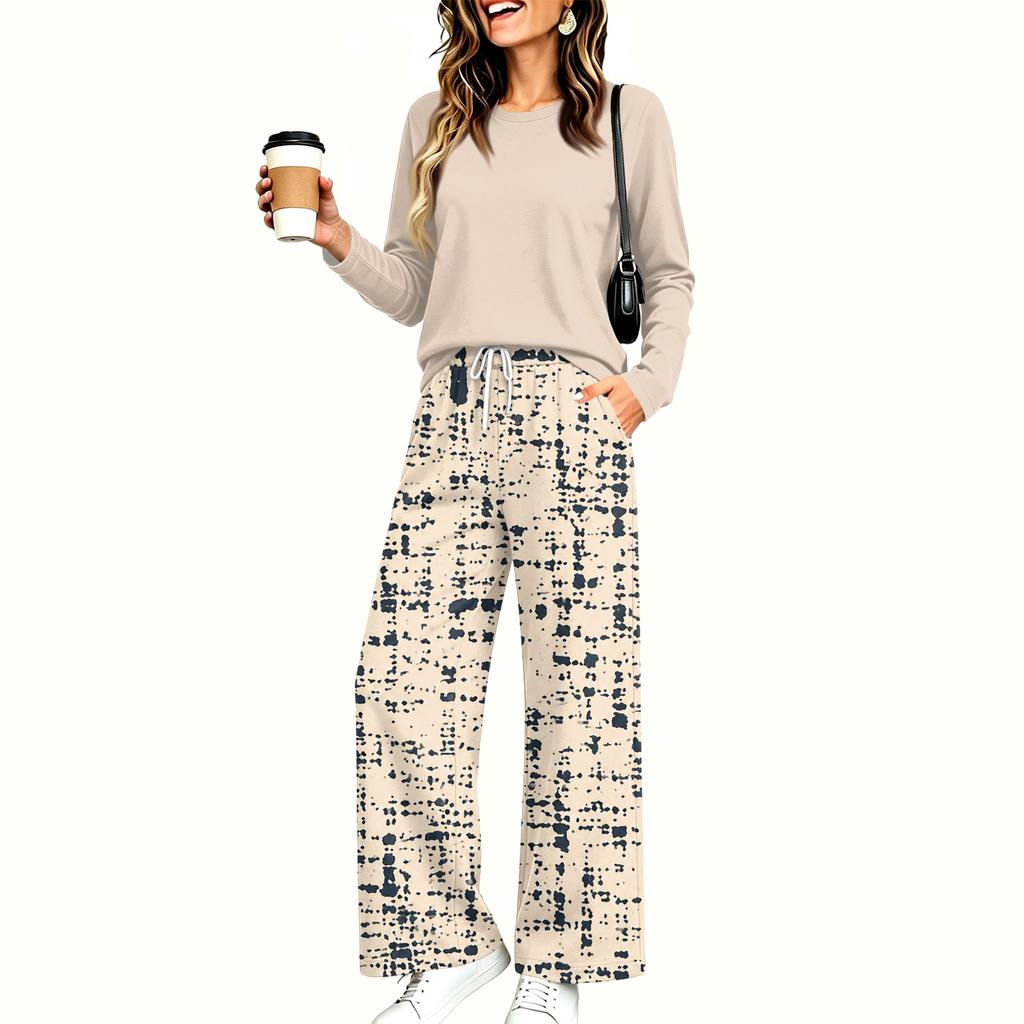 Women's Casual Pajama Set with Pockets, Long Sleeve Neck Loose Fit Printed Sleepwear