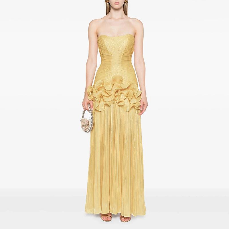 

Вечернее платье без рукавов с завышенной талией, темпераментный топ-труба, плиссировка со вставками S жёлтый