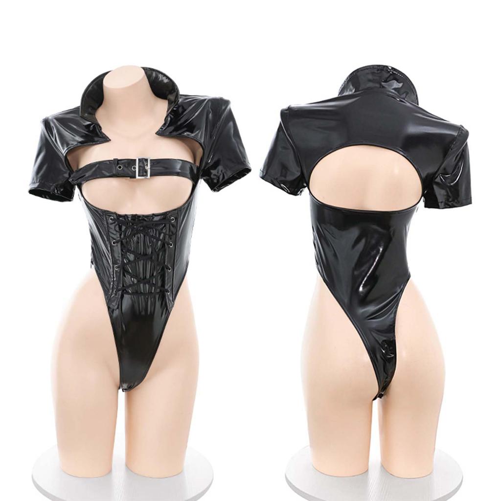 Sexy Cosplay Lingerie PU Leather Devil Design High Leg Bodycon Enamel Black Removable Chain Full Body Tights Eye Mask Hip 5 Piece Set [SENMHS]