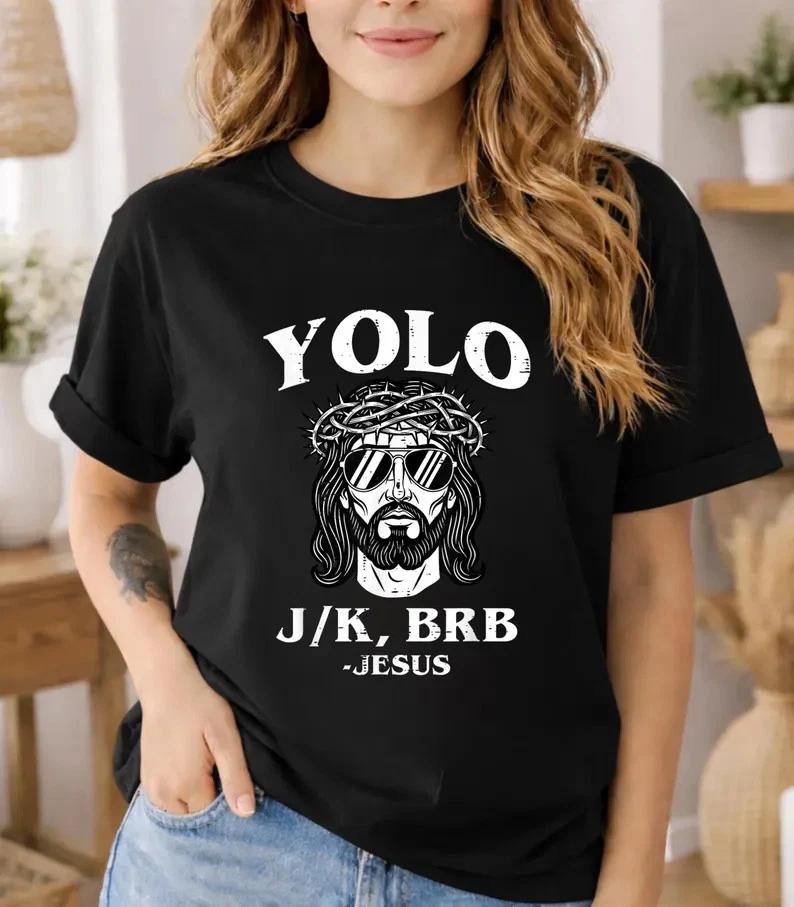 YOLO JK BRB Jesus  Shirt Funny Christian Easter Meme Tee S