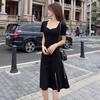 Square Collar French Temperament Small Black Dress Waist Thin High Split Hip Wrap Dress Summer Muse Fan Medium and Long Skirt
