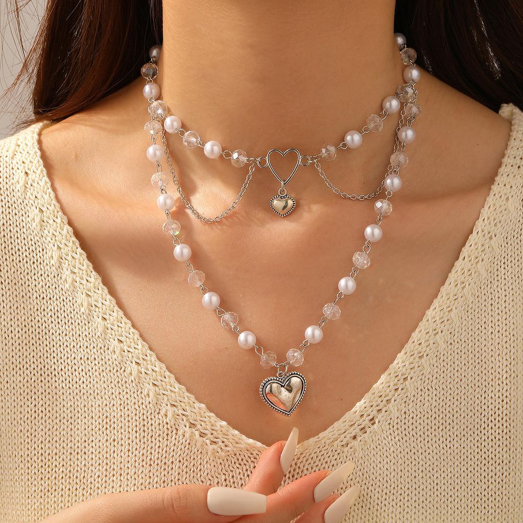 Collier à chaîne en perles artificielles pour filles avec pendentif cœur multicouche Été