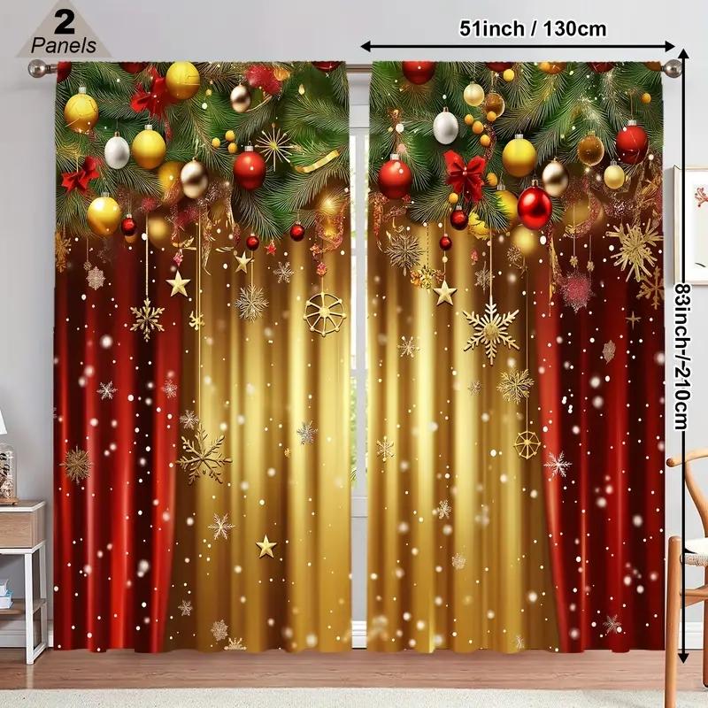 2pcs Festive Christmas Curtain Set-Snowman Pine Tree Design Polyester Rod Pocket, Machine Washable forLiving Room Bedroom Study