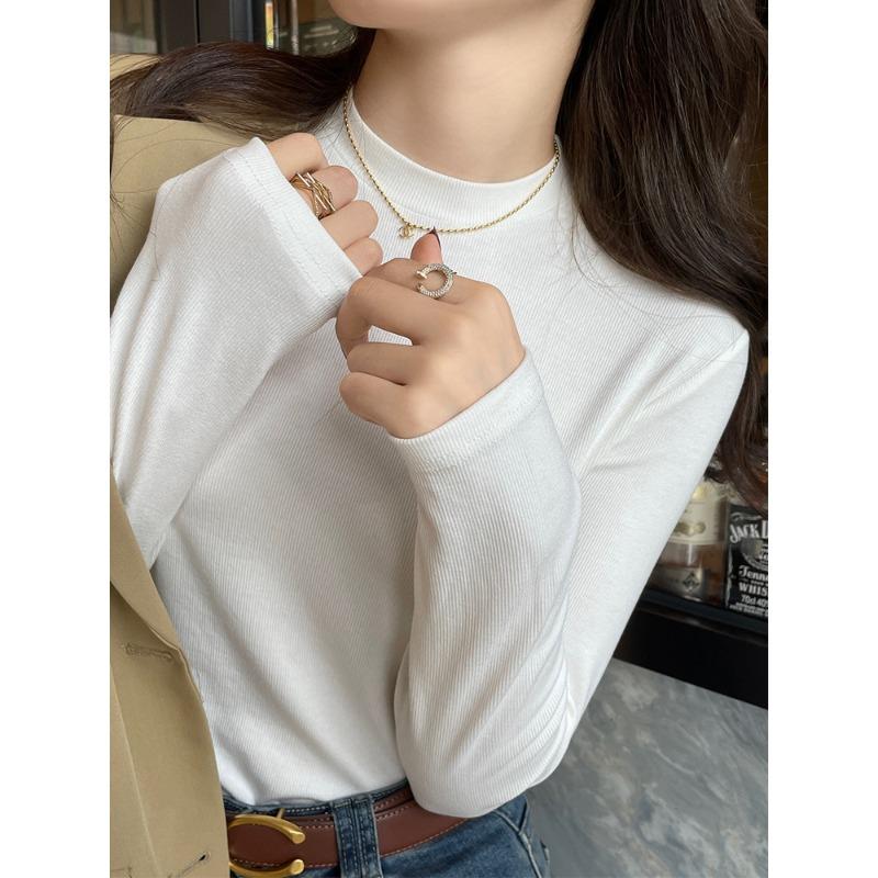 Weißes Rundhals-Unterhemd für Damen im Herbst und Winter, Neues einfarbiges langärmeliges T-Shirt, Slim-Top