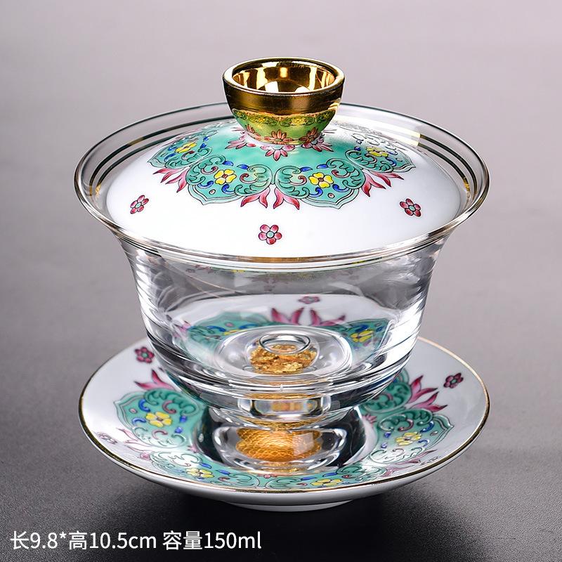 Enamel Colored Glass Gaiwan Puer Tea Bowls Crystal Tea Bowl Tureen Lid Bowl Lotus Hand Drawing Gaiwan for Travel Gai Wan Cup Set