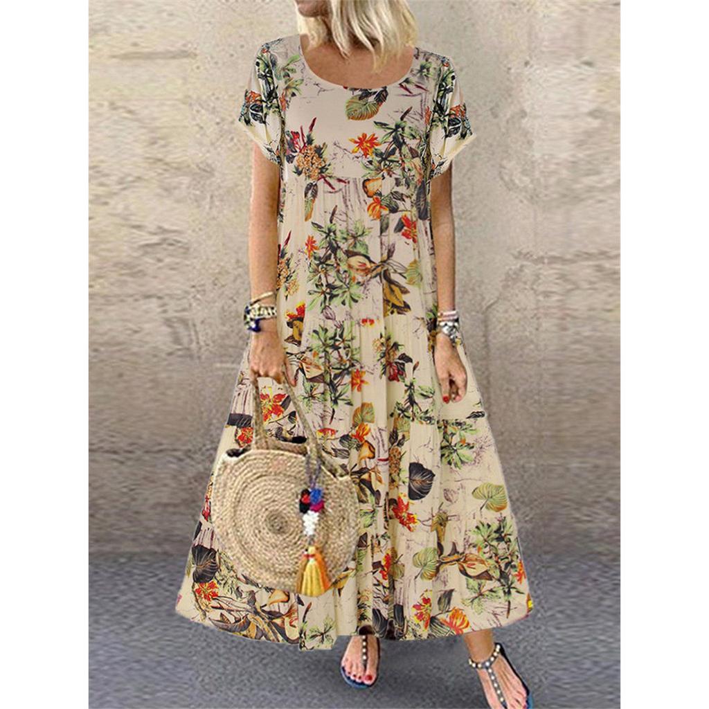 Women's Summer Maxi Dress O-Neck Short Sleeve Long Dress Loose Flower Pattern Print Big Swing Dress