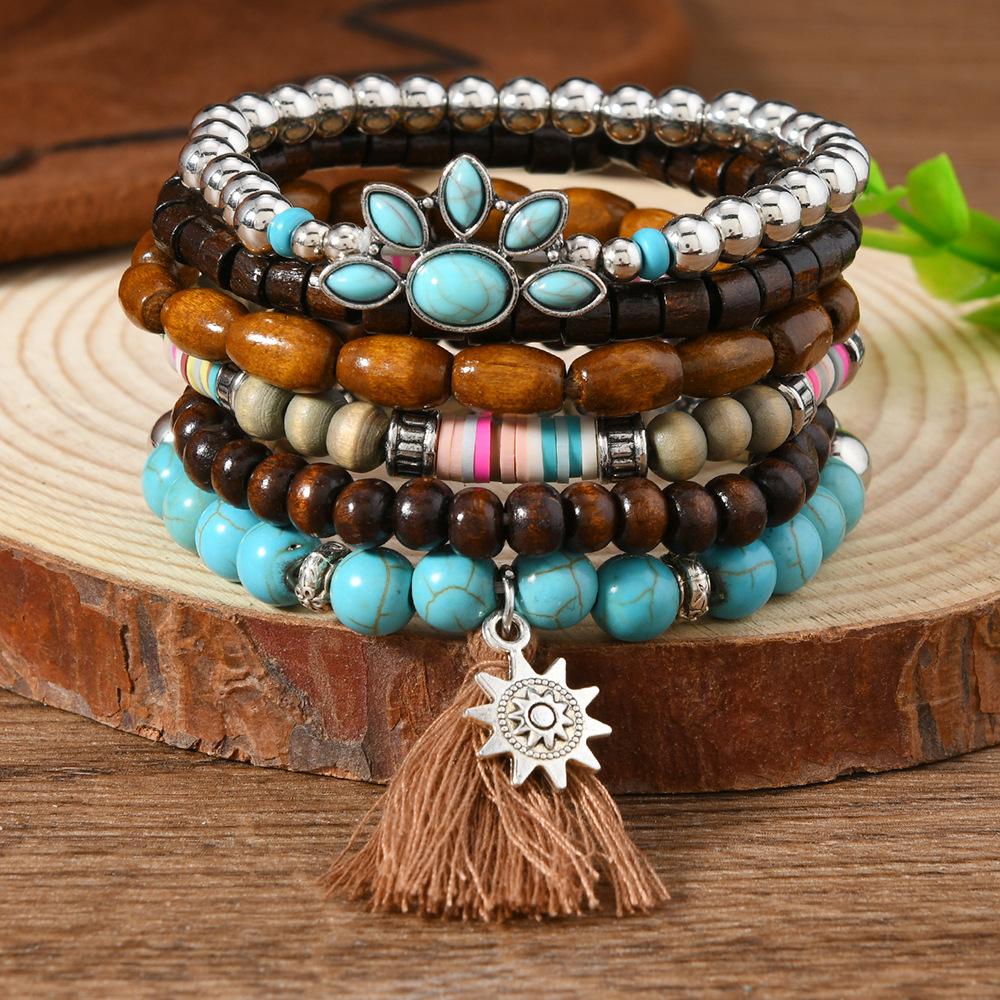Boho Beaded Stack Bracelet Set, Multi-Layer Wood & Turquoise Bead Bracelet for Women, Bohemian Casual Beach Jewelry