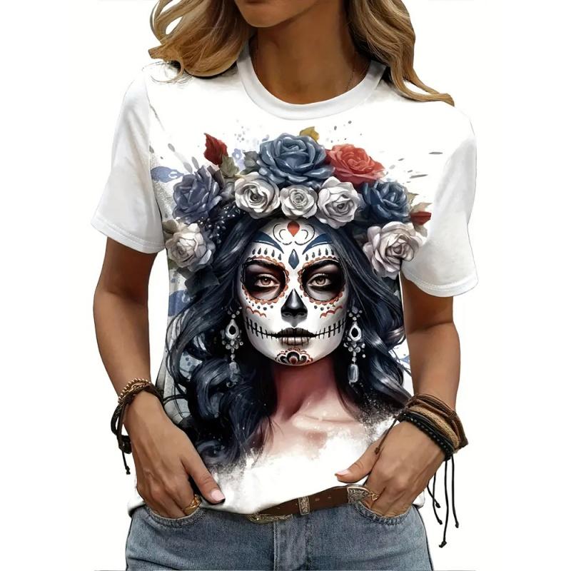 Skeleton Flower Pattern T-Shirt Women 3D Printed Short Sleeves Summer Loose O-Neck Casual Comfortable Fashionable T-shirt