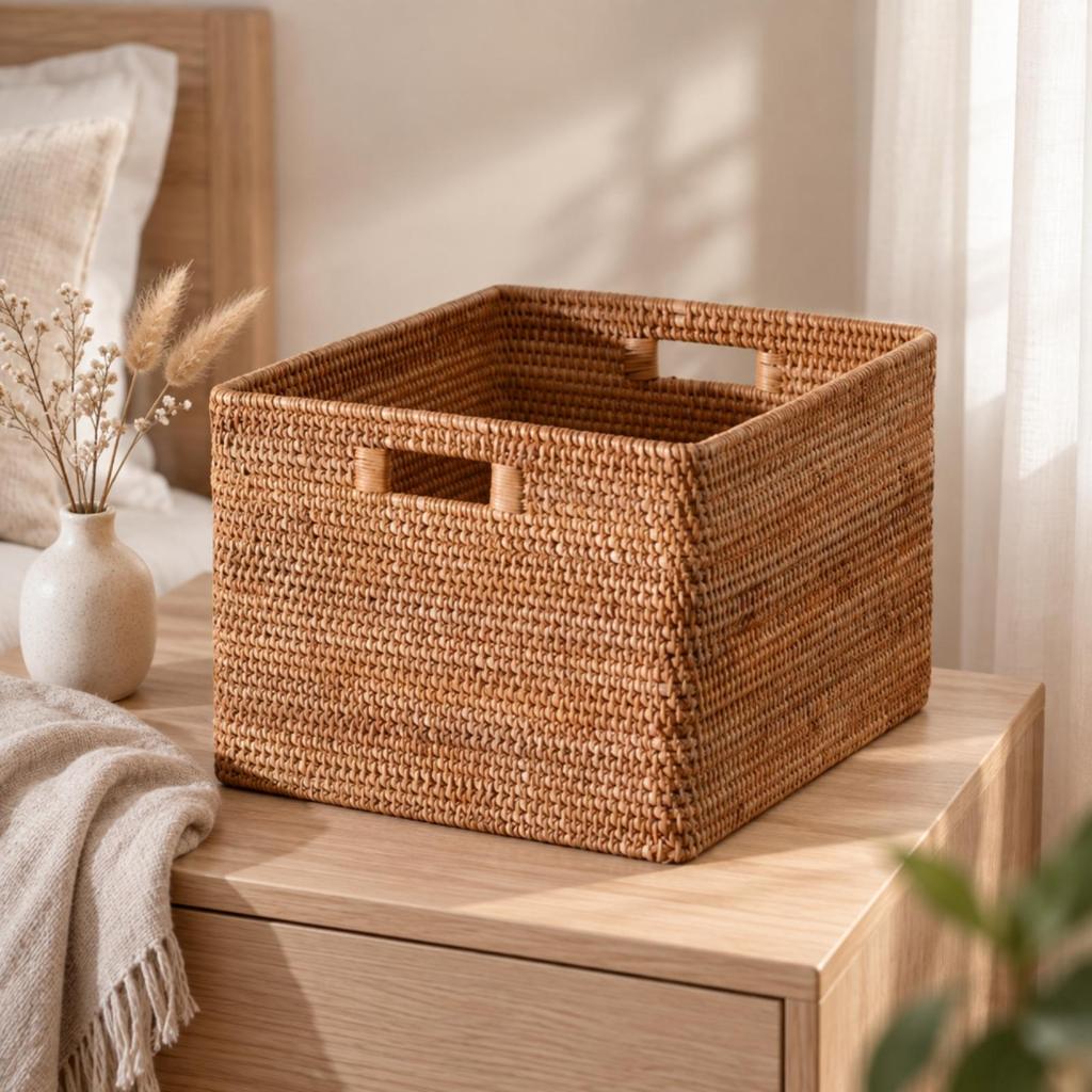 Rectangular Rattan Storage Basket with Handles Sturdy Handwoven
