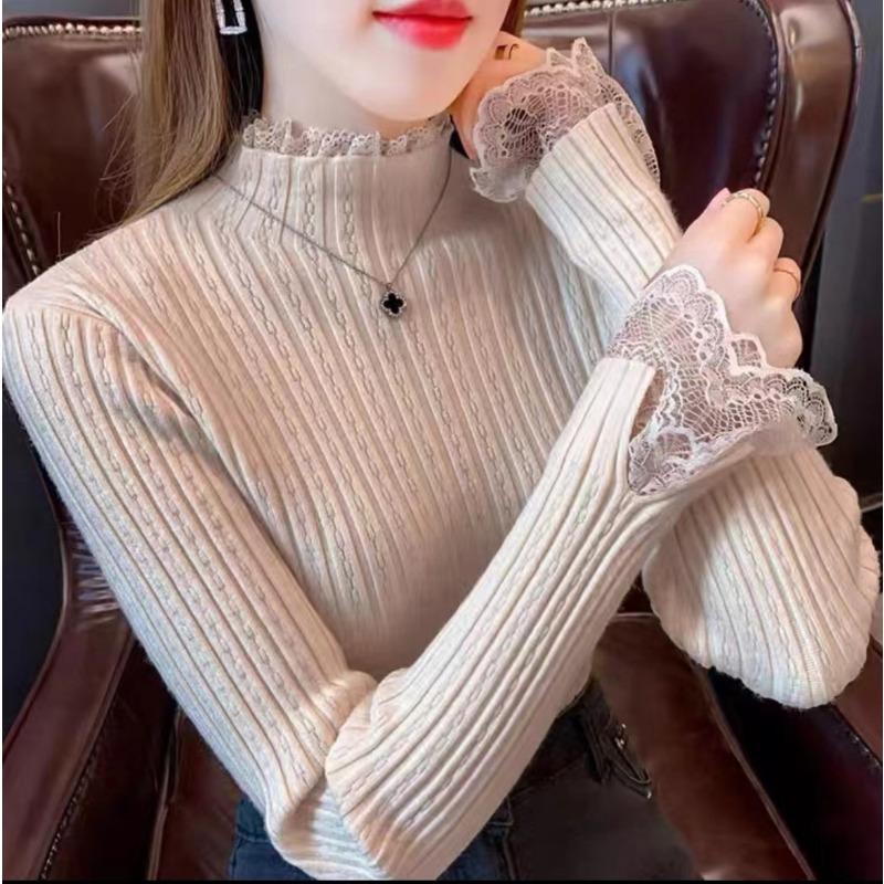 Spring Autumn Semi-turtleneck New Lace Pullover Long Sleeved Sweater Fashion Long Sleeve Women Knitted Bottoming Shirt Elegant Simple Slim Fit Top