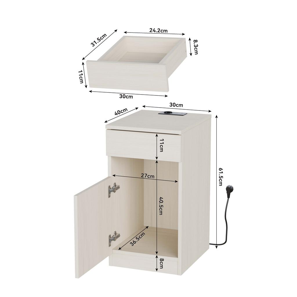 Nightstand, Bedside Table with Charging Function, Bedroom Cabinet with USB & Socket, 33x40x61.5cm, Light Wood Look, Including Trash Can