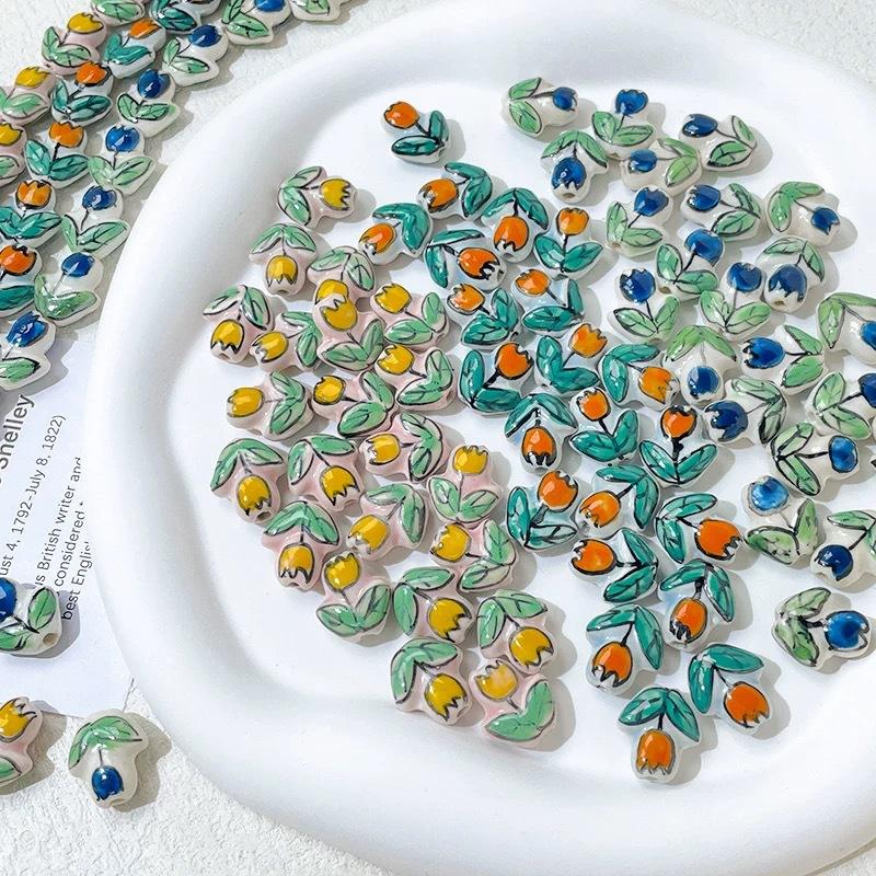 Ceramic Hand-painted Printed Tulip Perforated DIY Jewelry Bracelet Necklace Earrings Bead Accessories