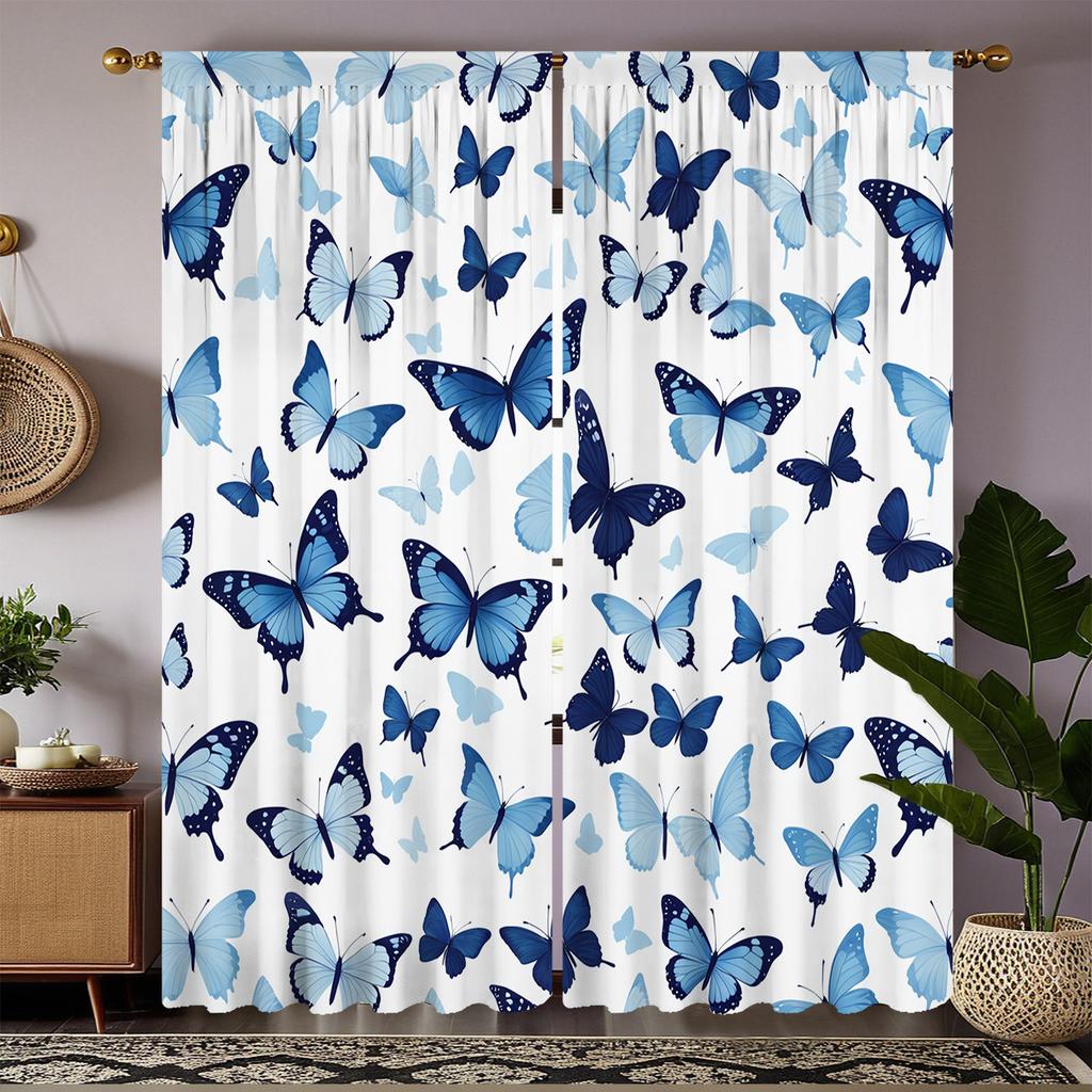 2pc Artistic Blue Butterfly Print Curtains   Polyester Fabric   Machine Washable   Suitable for Bedroom and Living Room Decoration