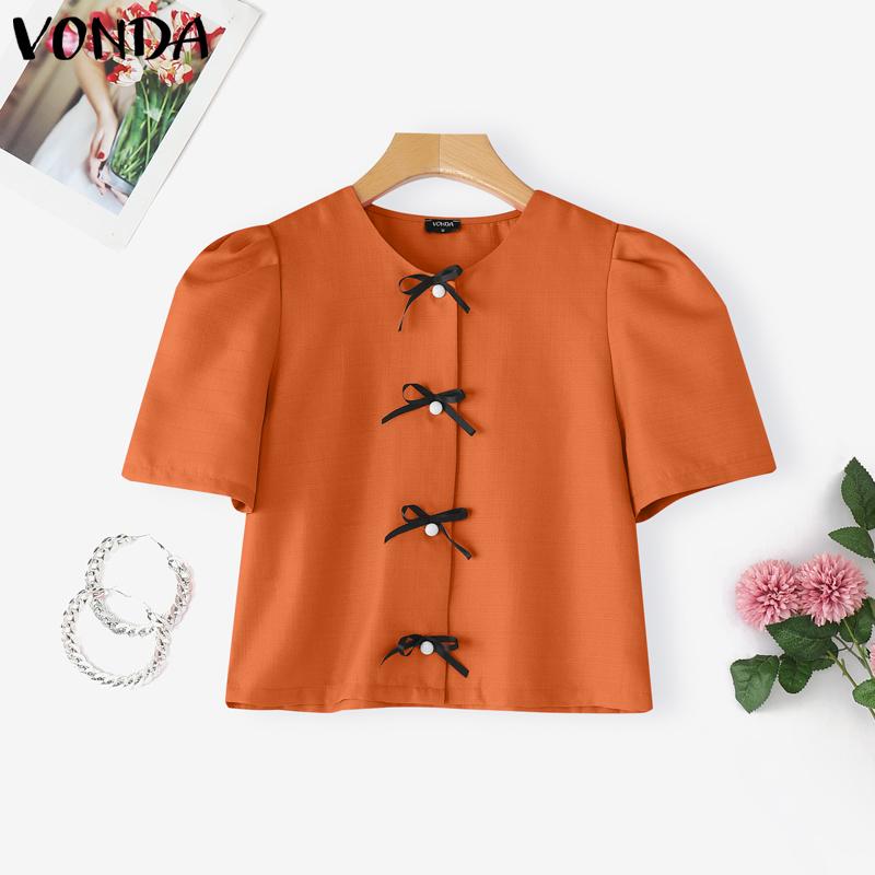 VONDA Summer Women Girls Short Sleeve Front Bow Knot Casual Cropped Elegant Blouse