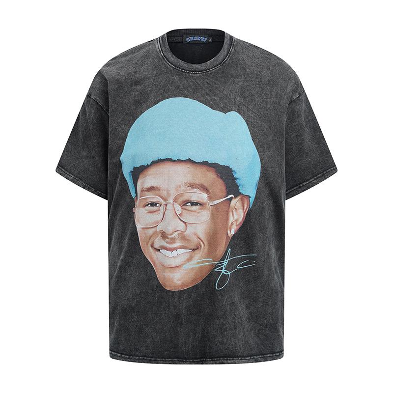 American Street Trend Men'S T-Shirt Hiphop Retro Doberman Print Loose Short-Sleeved Washed T-Shirt Men