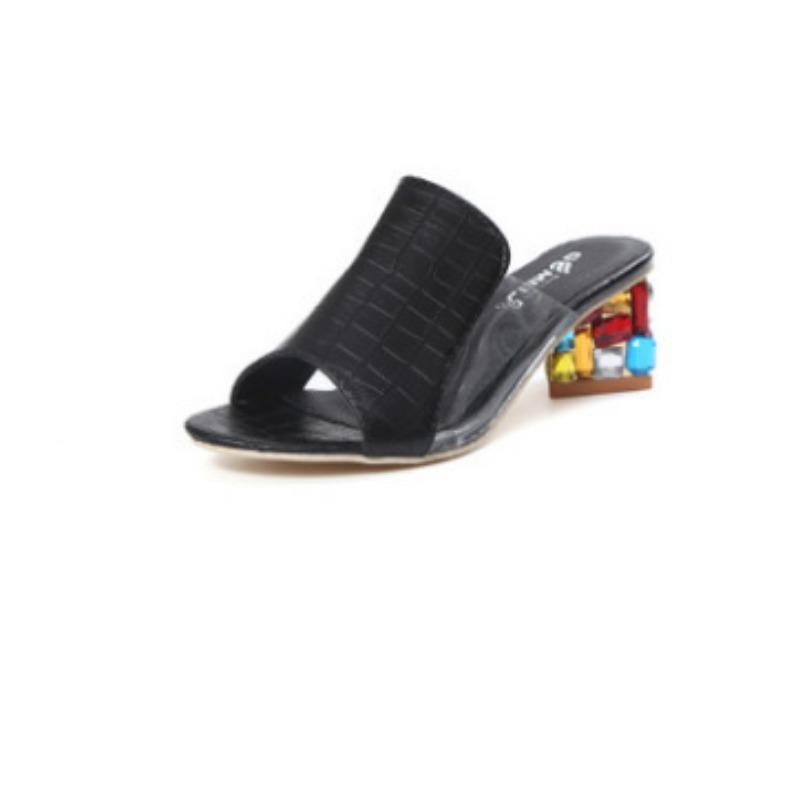 Women Block Heel Sandals Fashion Slip-On Low Heel Rhinestone Casual Sandals