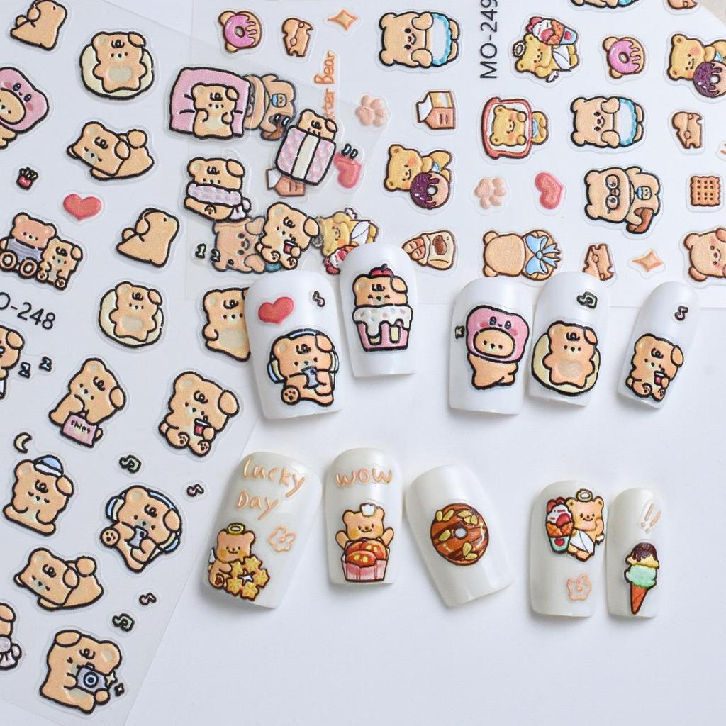 Adhésifs pour ongles 3D Ours Mignon et Glace avec Cœurs Romantiques